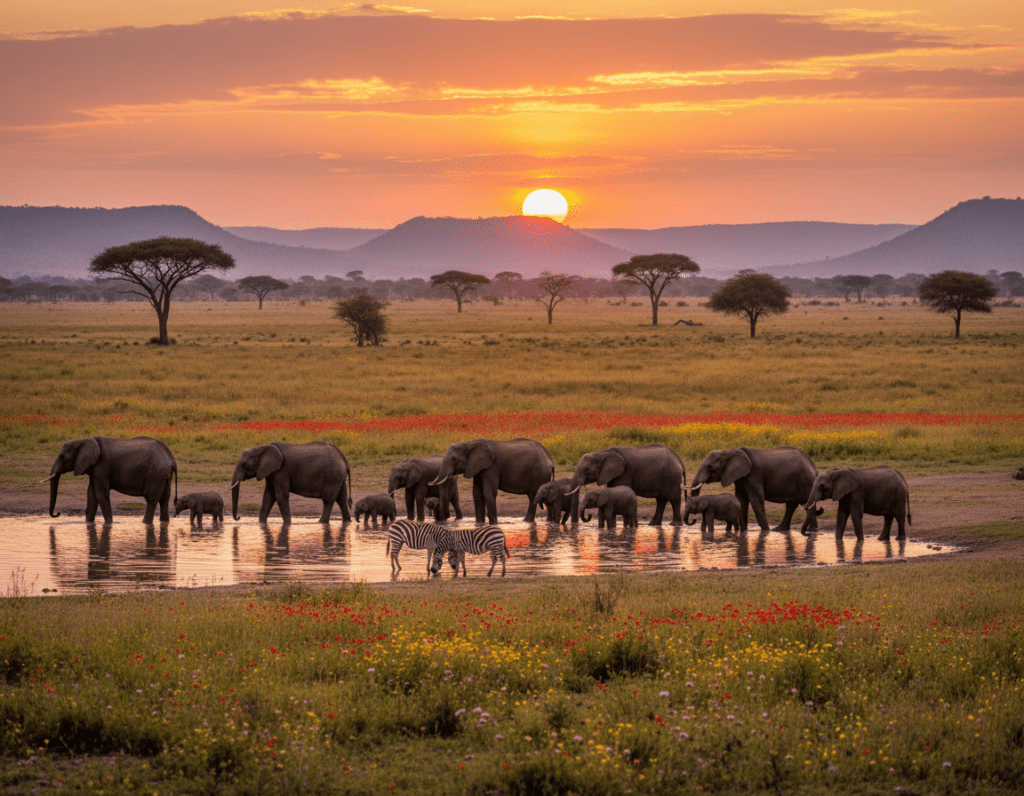 A sweeping panoramic view of Hwange National Park in Zimbabwe, showcasing its immense landscape. In the foreground, a diverse gathering of wildlife, including elephants and a few zebras drinking from a waterhole. The middle ground features lush grasslands dotted with acacia trees and vibrant patches of wildflowers. In the background, a dramatic sunset casts warm golden and orange hues across the horizon, enhancing the vast savannah and rolling hills. The image captures an inviting atmosphere of tranquility and adventure. Use soft lighting to emphasize the colors of the sunset and the animals' textures, with a 35mm lens perspective that invites viewers into this stunning natural habitat. The overall mood is serene yet exhilarating, reflecting the uniqueness of Hwange National Park.