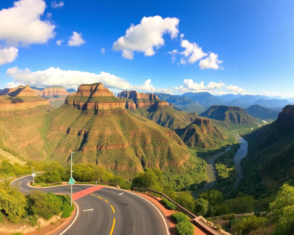 A sweeping panoramic view of the Blyde River Canyon, showcasing its breathtaking geological formations and lush greenery. In the foreground, a well-maintained road winds through vibrant landscapes, with directional signs indicating key viewpoints and attractions. The middle ground features the canyon's distinct cliffs and the winding river below, capturing the rich, earthy tones of the rock contrasted with greenery dotted throughout. In the background, towering mountains rise against a bright blue sky, with soft, fluffy clouds providing depth to the scene. The lighting is warm and inviting, suggesting early morning or late afternoon, creating a serene and adventurous atmosphere. The scene invites the viewer to plan their journey, emphasizing natural beauty and exploration. No human subjects are present. A sweeping panoramic view of the Blyde River Canyon, showcasing its breathtaking geological formations and lush greenery. In the foreground, a well-maintained road winds through vibrant landscapes, with directional signs indicating key viewpoints and attractions. The middle ground features the canyon's distinct cliffs and the winding river below, capturing the rich, earthy tones of the rock contrasted with greenery dotted throughout. In the background, towering mountains rise against a bright blue sky, with soft, fluffy clouds providing depth to the scene. The lighting is warm and inviting, suggesting early morning or late afternoon, creating a serene and adventurous atmosphere. The scene invites the viewer to plan their journey, emphasizing natural beauty and exploration. No human subjects are present.