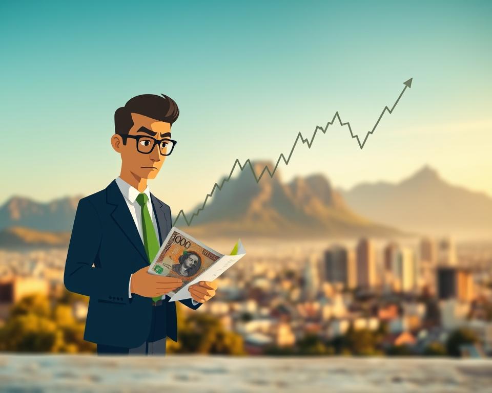 A symbolic representation of "Krisenfaktoren Südafrika," focusing on the South African Rand. In the foreground, a stylized figure in professional business attire, reviewing financial documents with a concerned expression, represents economic focus. In the middle ground, a fluctuating line graph shows currency volatility, with sharp peaks and valleys, suggesting economic uncertainty. The background features iconic South African landmarks, like Table Mountain and a bustling city skyline, bathed in soft, warm daylight to convey hope amidst the backdrop of challenges. The overall atmosphere should be one of cautious optimism, emphasizing resilience and the need for careful budget management. The image should have a slight depth of field effect, highlighting the foreground while softly blurring the distant background, creating a professional and thoughtful mood.