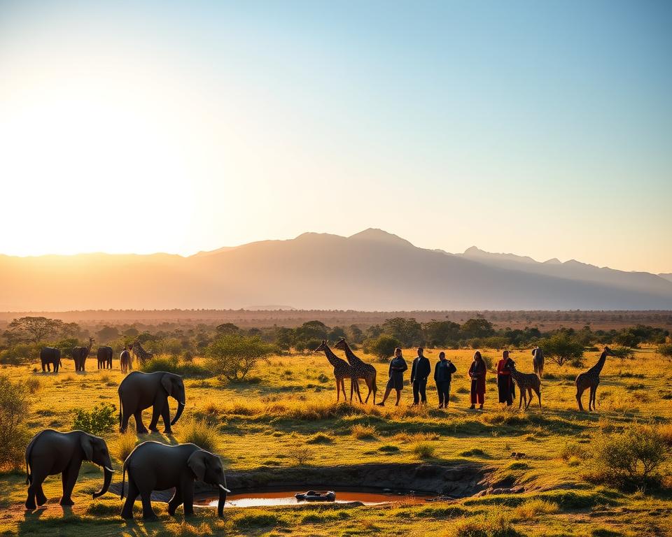 A tranquil African landscape at sunrise, vividly depicting a diversity of wildlife such as elephants and giraffes in the foreground, peacefully grazing near a waterhole. In the middle ground, a group of local travelers dressed in modest casual clothing enjoys the scenery, while in the background, majestic mountains rise under a clear blue sky with soft, warm sunlight casting gentle shadows. The lush greenery and vibrant colors evoke a sense of safety and health in this natural environment. The atmosphere is serene and inspiring, encouraging exploration and connection with nature, highlighting the themes of health and safety relevant to the season of travel. The composition should be shot with a wide-angle lens to capture the expansive landscape and majestic horizon, giving a sense of depth and perspective.