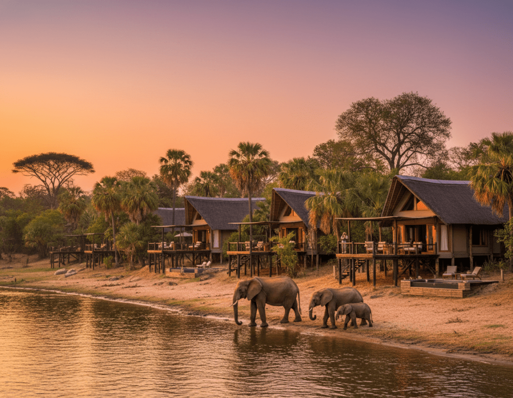 A tranquil Chobe River scene at sunset, where the golden hues of the setting sun reflect on the water's surface. In the foreground, a few majestic elephants are gently strolling along the riverbank, some drinking from the water, embodying the rich wildlife of Botswana. The middle ground features luxurious safari lodges nestled among lush greenery, with wooden decks that overlook the river, inviting guests to enjoy the stunning views. In the background, expansive skies transition from vibrant oranges to deep purples as the sun sets, with silhouetted acacia trees adding depth to the scene. The atmosphere is serene and adventurous, evoking the perfect balance of luxury and the wild, with soft, warm lighting capturing the essence of an unforgettable safari experience.
