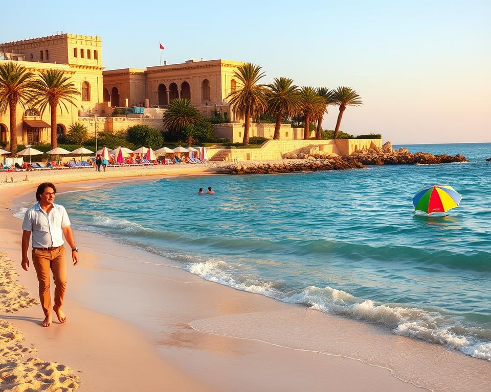 A tranquil beach scene in Alexandria, Egypt, showcasing the Mediterranean coastline with crystal-clear turquoise waters gently lapping against the sandy shore. In the foreground, a couple in smart casual attire strolls along the beach, enjoying the pleasant atmosphere. The middle ground features colorful beach umbrellas and a few sunbathers relaxing on loungers, with vibrant beach towels spread out. In the background, ancient architecture with elegant stone facades can be seen, complemented by lush palm trees swaying in the light breeze. The scene is bathed in warm, golden sunlight during the late afternoon, creating a serene and inviting mood. Capture the essence of the ideal bathing conditions and the unique charm of Alexandria's coastal beauty.