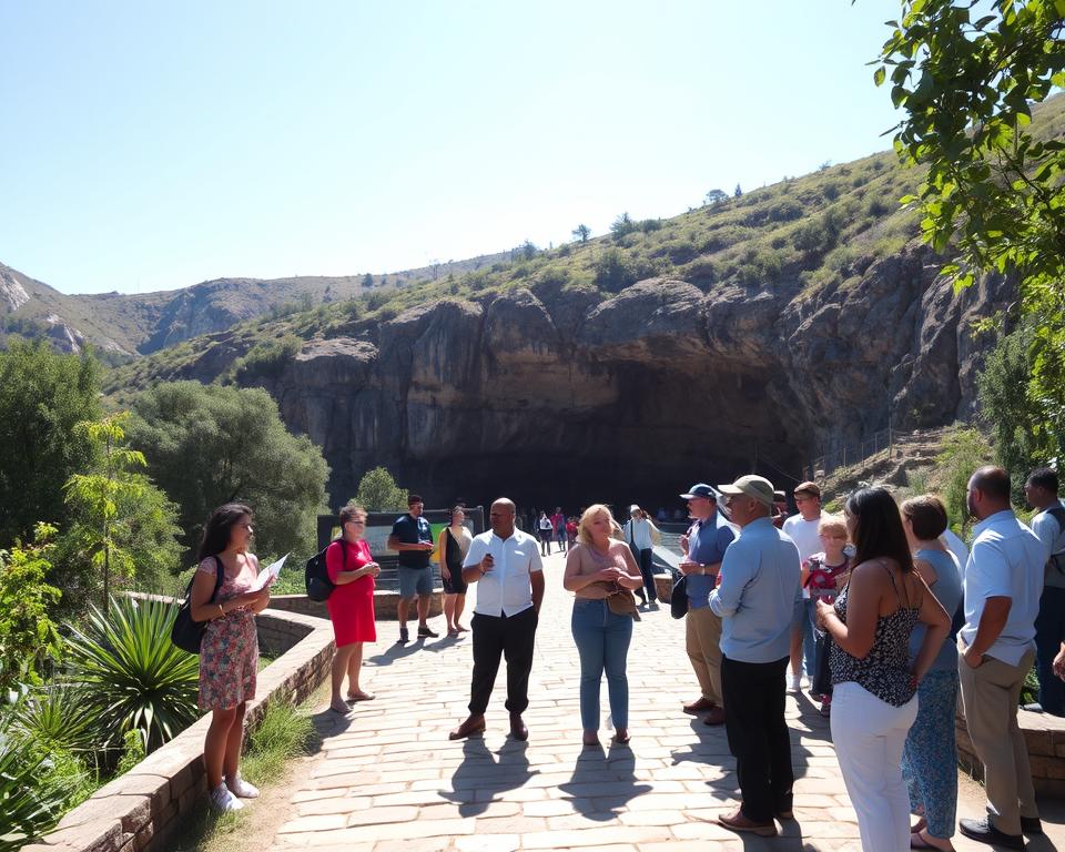 A tranquil scene at the entrance to the Cango Caves in South Africa, featuring a stone pathway leading towards the cave entrance, lined with lush greenery. In the foreground, a diverse group of people dressed in modest casual clothing are gathered, eagerly discussing their adventure, with a map and informational brochures in hand. In the middle ground, the majestic entrance of the caves reveals the intricate rock formations and textures, illuminated by soft, warm lighting that accentuates the natural beauty of the stones. In the background, rolling hills create a picturesque landscape under a clear blue sky, enhancing the inviting atmosphere of exploration and discovery. The overall mood is one of excitement and anticipation, inviting viewers to join in the adventure. A tranquil scene at the entrance to the Cango Caves in South Africa, featuring a stone pathway leading towards the cave entrance, lined with lush greenery. In the foreground, a diverse group of people dressed in modest casual clothing are gathered, eagerly discussing their adventure, with a map and informational brochures in hand. In the middle ground, the majestic entrance of the caves reveals the intricate rock formations and textures, illuminated by soft, warm lighting that accentuates the natural beauty of the stones. In the background, rolling hills create a picturesque landscape under a clear blue sky, enhancing the inviting atmosphere of exploration and discovery. The overall mood is one of excitement and anticipation, inviting viewers to join in the adventure.