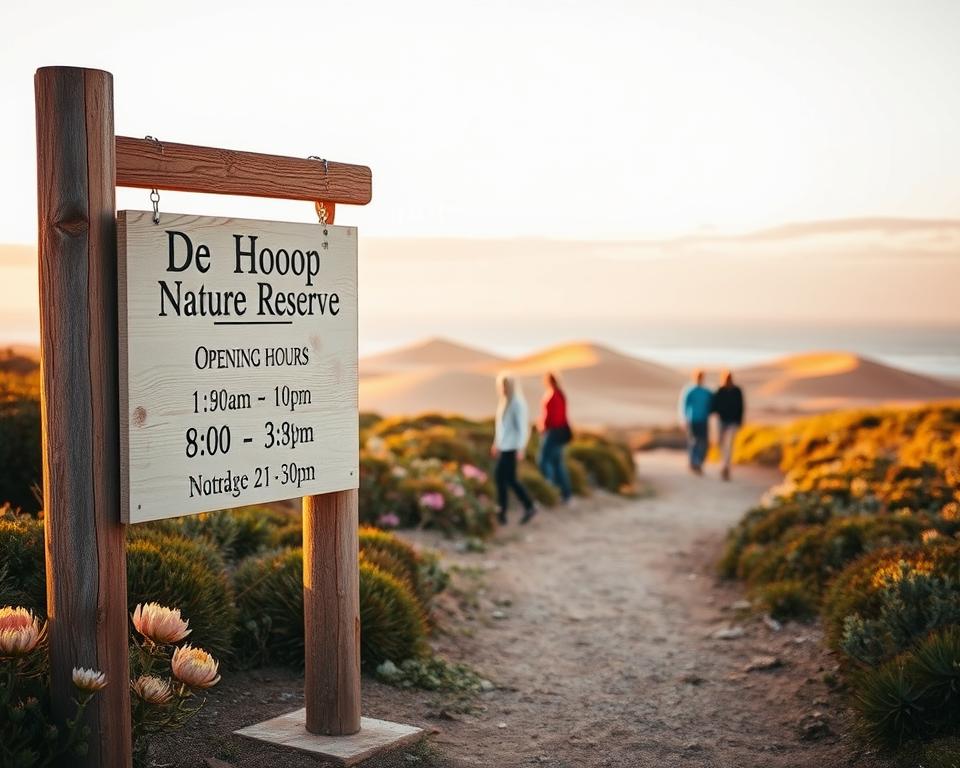 A tranquil scene depicting the entrance to the De Hoop Nature Reserve during golden hour, bathed in warm, soft light. In the foreground, a rustic wooden sign displaying the opening hours of the reserve, elegantly weathered, stands beside a winding path lined with native fynbos plants. The middle ground reveals a diverse array of flora, including proteas and succulents, while a few visitors in modest casual clothing stroll along the path, appreciating the nature around them. The background showcases rolling sand dunes and a distant view of the ocean under a pastel sky, suggesting a peaceful atmosphere. The image is framed with a slight depth of field to emphasize the sign, promoting a sense of calm and inviting nature exploration.