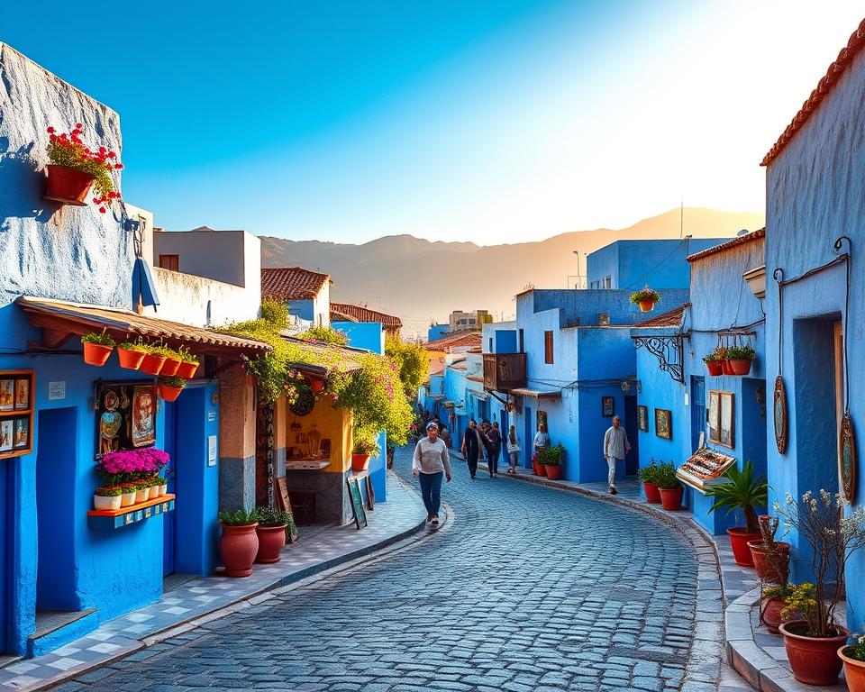 A tranquil scene of Chefchaouen, the Blue City of Morocco, during the spring season, showcasing vibrant blue-painted buildings adorned with colorful flower pots. In the foreground, a cobbled street winds gently, lined with charming shops displaying local crafts. The middle ground features bustling locals in modest casual clothing, engaging in daily activities, while a soft breeze carries the scent of blooming jasmine. In the background, the majestic Rif Mountains rise against a clear blue sky, illuminated by warm, golden sunlight. The overall atmosphere conveys a sense of peace and cultural richness, ideal for travel planning. The composition is captured with a wide-angle lens, emphasizing the depth of the cityscape and the inviting charm of Chefchaouen.