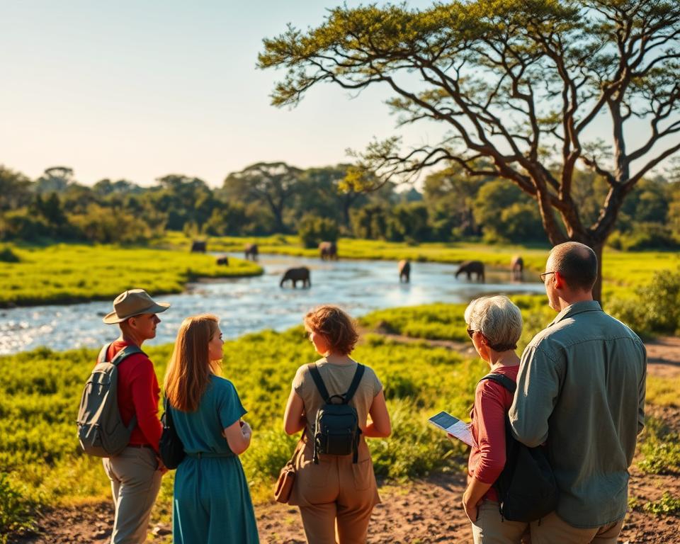 A tranquil scene of the Caprivi Strip in Namibia, showcasing vibrant green wetlands and lush landscapes. In the foreground, a group of four travelers dressed in modest casual clothing is seen engaging with a local guide who is sharing knowledge about the region's wildlife and conservation efforts. The middle ground features a flowing river teeming with wildlife, including elephants drinking from the water. In the background, the majestic silhouettes of acacia trees stretch against a clear blue sky, casting soft shadows on the ground. The lighting is warm and golden, suggesting a late afternoon sun that creates a serene and inviting atmosphere. Capture this picturesque moment to convey safety, health, and sustainable travel in a harmonious natural setting. A tranquil scene of the Caprivi Strip in Namibia, showcasing vibrant green wetlands and lush landscapes. In the foreground, a group of four travelers dressed in modest casual clothing is seen engaging with a local guide who is sharing knowledge about the region's wildlife and conservation efforts. The middle ground features a flowing river teeming with wildlife, including elephants drinking from the water. In the background, the majestic silhouettes of acacia trees stretch against a clear blue sky, casting soft shadows on the ground. The lighting is warm and golden, suggesting a late afternoon sun that creates a serene and inviting atmosphere. Capture this picturesque moment to convey safety, health, and sustainable travel in a harmonious natural setting.