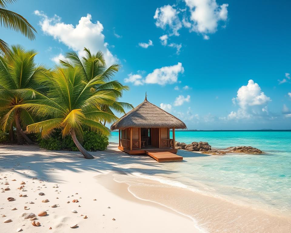 A tranquil tropical scene showcasing a picturesque African island. In the foreground, a white sandy beach with gentle waves lapping at the shore, surrounded by lush green palm trees. Scattered seashells and smooth stones provide texture. In the middle ground, a cozy thatched-roof hut offers a welcoming atmosphere, complete with a small wooden deck facing the ocean. The background features vibrant turquoise waters that blend seamlessly with the clear blue sky, adorned with fluffy white clouds. The sunlight casts a warm golden hue, creating a serene and inviting mood. The scene captures the essence of relaxed island life, emphasizing the beauty and tranquility ideal for travel tips. Opt for a wide-angle view to encompass the entirety of this idyllic setting. A tranquil tropical scene showcasing a picturesque African island. In the foreground, a white sandy beach with gentle waves lapping at the shore, surrounded by lush green palm trees. Scattered seashells and smooth stones provide texture. In the middle ground, a cozy thatched-roof hut offers a welcoming atmosphere, complete with a small wooden deck facing the ocean. The background features vibrant turquoise waters that blend seamlessly with the clear blue sky, adorned with fluffy white clouds. The sunlight casts a warm golden hue, creating a serene and inviting mood. The scene captures the essence of relaxed island life, emphasizing the beauty and tranquility ideal for travel tips. Opt for a wide-angle view to encompass the entirety of this idyllic setting.