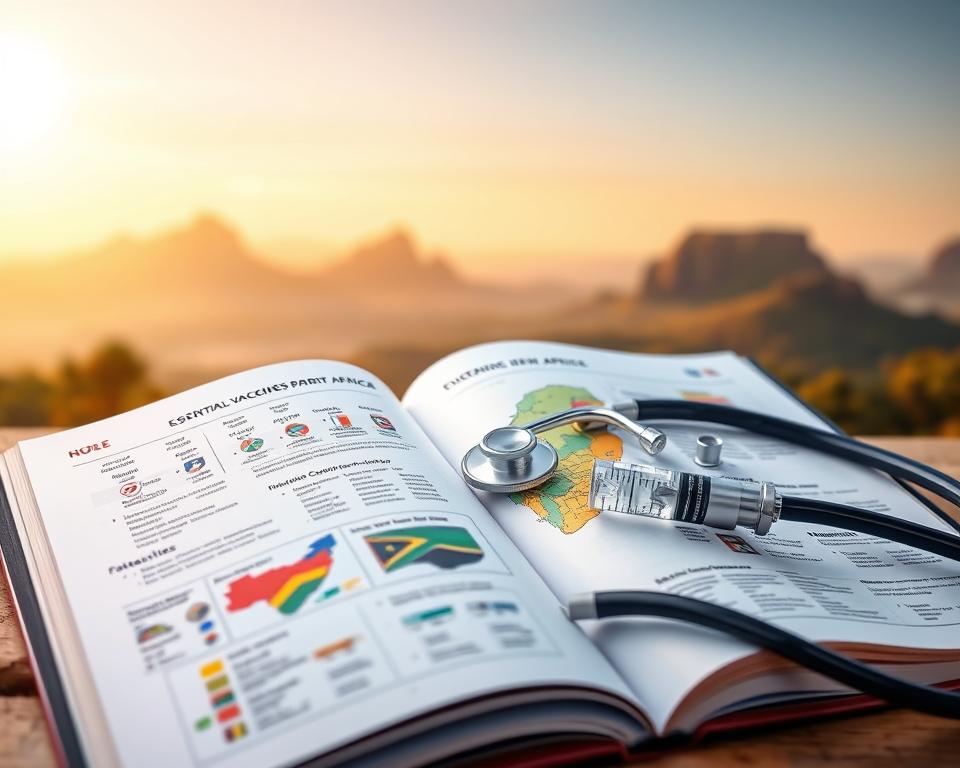 A travel health advisory scene depicting essential vaccines for South Africa, focusing on recommended travel vaccinations based on different itineraries. In the foreground, show a detailed travel health guidebook opened to a page with colorful vaccine icons and maps showcasing various regions of South Africa. In the middle ground, include a stethoscope and a syringe filled with vaccine for visual emphasis, symbolizing health and safety. The background features a softly blurred image of iconic South African landmarks like Table Mountain and Kruger National Park, bathed in warm, golden sunlight to create a sense of adventure. The overall mood is informative and reassuring, aimed at travelers considering their health needs.