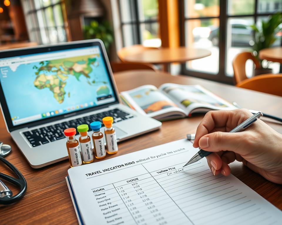 A travel vaccination schedule laid out on a wooden table, featuring colorful vaccine vials labeled for different diseases like malaria and yellow fever. In the foreground, a hand holds a pen ready to mark dates on a notepad with travel plans. The middle section includes an open laptop displaying an interactive map of South Africa, while a travel guidebook and a stethoscope are partially visible. The background is softly blurred, hinting at a cozy café setting with warm lighting filtering through large windows. The atmosphere is focused and organized, reflecting a sense of preparedness and care for health while traveling. No text or overlays present.