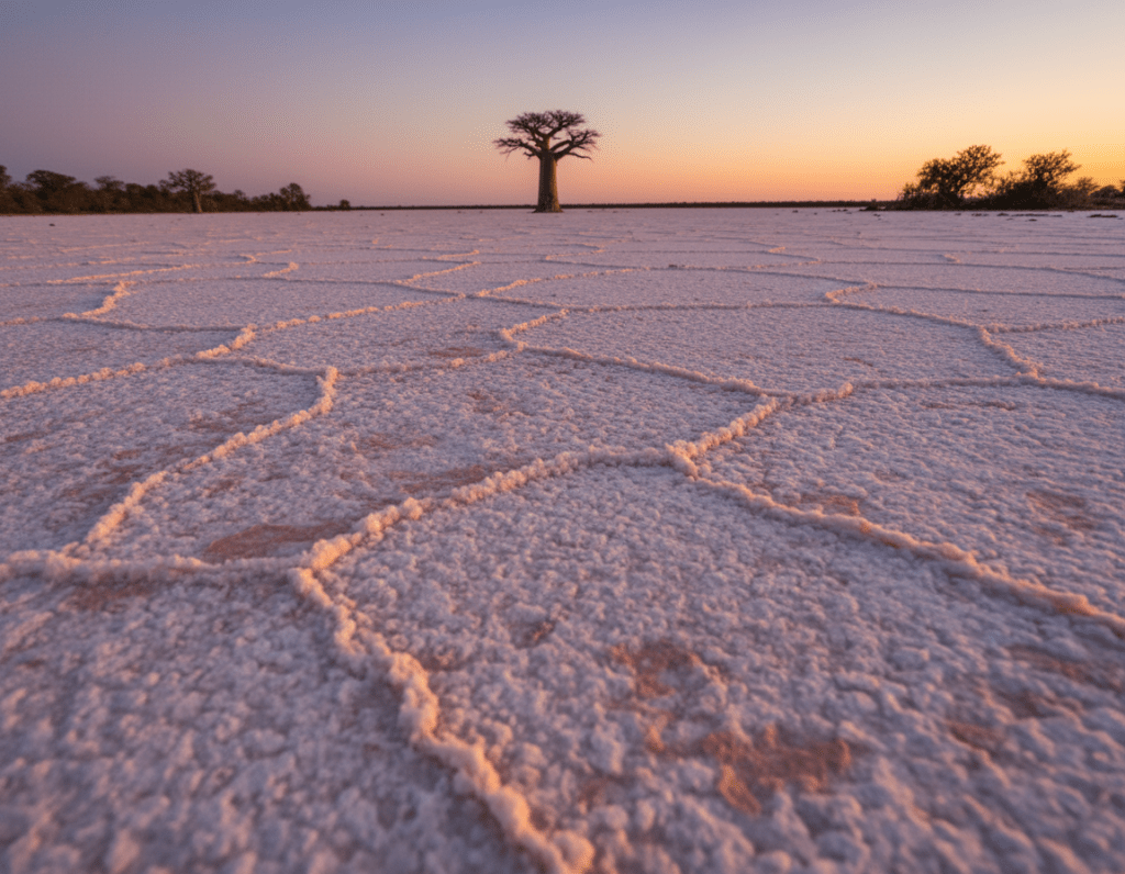 A vast expanse of the Makgadikgadi Salt Pans at dusk, capturing the unique, flat landscape of cracked white salt stretching into the horizon. In the foreground, delicate pink and white mineral crusts glimmer under the soft, golden light of the setting sun, reflecting hues of orange and purple in the sky. Sparse, low vegetation dots the edges of the pans, contrasting with the stark, lifeless surface. In the middle ground, a solitary Baobab tree stands resiliently, casting long shadows. The background displays the endless, flat horizon melting into the twilight, creating a serene yet majestic atmosphere. The scene is photographed with a wide-angle lens to emphasize the vastness, with a soft focus on the foreground, evoking a sense of tranquility and adventure in the wilderness of Botswana.