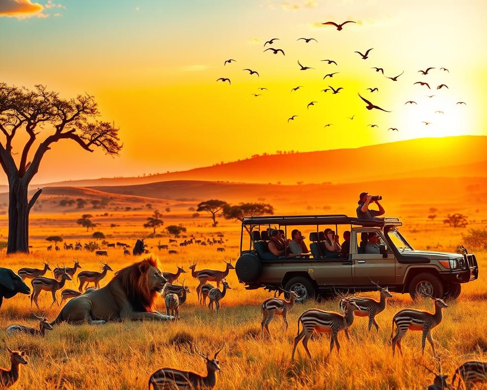 A vibrant African savannah at sunset, capturing the thrill of a safari experience. In the foreground, a diversity of wildlife: a majestic lion resting under a baobab tree, a herd of gazelles gracefully grazing, and colorful birds soaring across the sky. The middle ground features a safari vehicle with two excited travelers, dressed in casual safari attire, observing the animals with binoculars. In the background, rolling hills illuminated by warm golden light, dotted with sparse trees and a dramatic sky transitioning from orange to deep blue. The mood is adventurous and serene, inviting viewers to immerse themselves in the beauty of the Kenyan wildlife. The composition should have a soft focus on the background, enhancing the vividness of the foreground subjects.