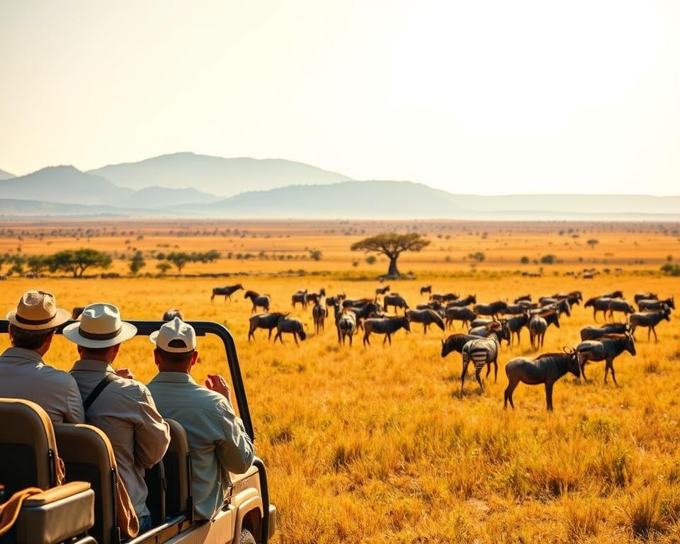 A vibrant Masai Mara safari scene showcasing a diverse landscape. In the foreground, a group of tourists dressed in modest, casual clothing is observing wildlife from a comfortable safari vehicle. In the middle ground, a herd of wildebeests and zebras grazes peacefully, embodying the rich fauna of the region. The background features expansive grasslands illuminated by the golden hues of a late afternoon sun, with acacia trees scattered against a distant mountain range. The atmosphere is serene yet exhilarating, capturing the essence of adventure and exploration in Kenya. The image is bright and clear, shot from a slightly elevated angle to provide a panoramic view of this natural wonder.