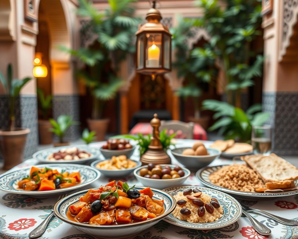 A vibrant Moroccan dining table set against a backdrop of traditional Moroccan architecture. In the foreground, a beautifully arranged spread of Moroccan dishes, including tagine with colorful vegetables, couscous garnished with raisins and almonds, and an assortment of olives and bread. The middle ground features ornate ceramic plates and silverware intricately designed, showcasing the rich cultural heritage. A brass lantern casts warm, inviting light, enhancing the cozy atmosphere. In the background, soft-focus elements of a Moroccan riad, with lush greenery and decorative arches visible, imply an authentic dining experience. The overall mood should be inviting and rich in cultural heritage, emphasizing the culinary treasures of Morocco. A vibrant Moroccan dining table set against a backdrop of traditional Moroccan architecture. In the foreground, a beautifully arranged spread of Moroccan dishes, including tagine with colorful vegetables, couscous garnished with raisins and almonds, and an assortment of olives and bread. The middle ground features ornate ceramic plates and silverware intricately designed, showcasing the rich cultural heritage. A brass lantern casts warm, inviting light, enhancing the cozy atmosphere. In the background, soft-focus elements of a Moroccan riad, with lush greenery and decorative arches visible, imply an authentic dining experience. The overall mood should be inviting and rich in cultural heritage, emphasizing the culinary treasures of Morocco.