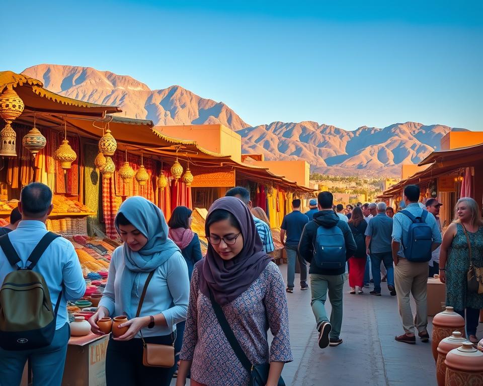 A vibrant Moroccan marketplace scene illustrating budget travel. In the foreground, a diverse group of tourists exploring a colorful souk, with one person wearing modest casual clothing, examining handmade pottery. The middle ground features stalls filled with spices, handmade rugs, and traditional lamps, invoking the sensory experience of Morocco. In the background, the rugged Atlas Mountains stretch under a clear blue sky, while the soft amber glow of early morning sunlight bathes the scene, creating a warm and inviting atmosphere. The composition captures the essence of budget-friendly exploration with an emphasis on local culture and the richness of Moroccan heritage, all framed with a wide-angle lens for immersive depth.