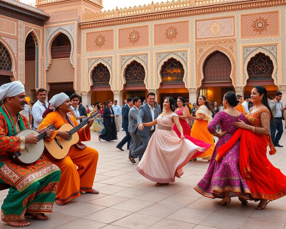A vibrant Moroccan music and dance scene set in a bustling royal city square. In the foreground, a group of musicians play traditional instruments such as the oud and drums, dressed in colorful, modest traditional attire that reflects Moroccan culture. Their expressions are joyful and engaged, depicting the spirit of celebration. In the middle ground, dancers in flowing garments gracefully perform, showcasing intricate footwork and expressive hand movements. The background features ornate architecture typical of Moroccan cities, with intricate tilework and arched doorways, bathed in warm, golden evening light. The atmosphere is lively and festive, inviting viewers to immerse themselves in the rich cultural tapestry of Morocco. The composition should be captured with a wide-angle lens to encompass the energy of the scene, ensuring vivid colors and dynamic movement are highlighted. A vibrant Moroccan music and dance scene set in a bustling royal city square. In the foreground, a group of musicians play traditional instruments such as the oud and drums, dressed in colorful, modest traditional attire that reflects Moroccan culture. Their expressions are joyful and engaged, depicting the spirit of celebration. In the middle ground, dancers in flowing garments gracefully perform, showcasing intricate footwork and expressive hand movements. The background features ornate architecture typical of Moroccan cities, with intricate tilework and arched doorways, bathed in warm, golden evening light. The atmosphere is lively and festive, inviting viewers to immerse themselves in the rich cultural tapestry of Morocco. The composition should be captured with a wide-angle lens to encompass the energy of the scene, ensuring vivid colors and dynamic movement are highlighted.
