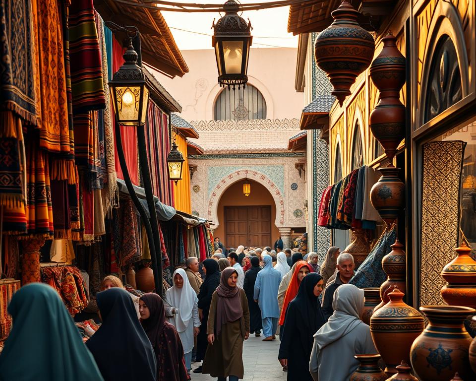 A vibrant Moroccan souk, bustling with life, depicted in the foreground. Colorful textiles hang from stalls, showcasing intricate patterns. Merchants in modest attire are engaged with shoppers, highlighting the interaction of commerce. Middle ground features ornate lanterns and ceramic pots, their rich colors accentuated by soft, warm lighting. In the background, traditional Moroccan architecture can be seen, with arched doorways and mosaic-tiled walls. The golden hour casts a warm glow, creating an inviting atmosphere. Capture the essence of cultural richness and lively shopping, with a slight overhead angle to encompass the bustling market scene and the warmth of Moroccan hospitality. A vibrant Moroccan souk, bustling with life, depicted in the foreground. Colorful textiles hang from stalls, showcasing intricate patterns. Merchants in modest attire are engaged with shoppers, highlighting the interaction of commerce. Middle ground features ornate lanterns and ceramic pots, their rich colors accentuated by soft, warm lighting. In the background, traditional Moroccan architecture can be seen, with arched doorways and mosaic-tiled walls. The golden hour casts a warm glow, creating an inviting atmosphere. Capture the essence of cultural richness and lively shopping, with a slight overhead angle to encompass the bustling market scene and the warmth of Moroccan hospitality.