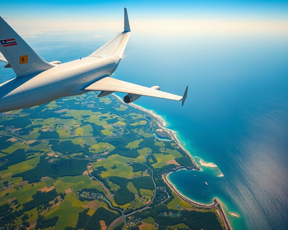 A vibrant aerial view of a modern airplane soaring above lush green landscapes and azure coastlines, representing a flight route from Germany to Durban, South Africa. The foreground features the majestic airplane, its wings gleaming under the bright African sun, with a clear blue sky providing a serene backdrop. In the middle, the lush patchwork of wetlands, rivers, and land forms of the iSimangaliso Wetland Park unfolds, showcasing diverse natural beauty. The background captures distant rolling hills and the shimmering Indian Ocean, enhancing the feeling of adventure and journey. Soft, warm lighting bathes the scene, evoking a sense of excitement and natural wonder, reminding viewers of the allure of travel and exploration.
