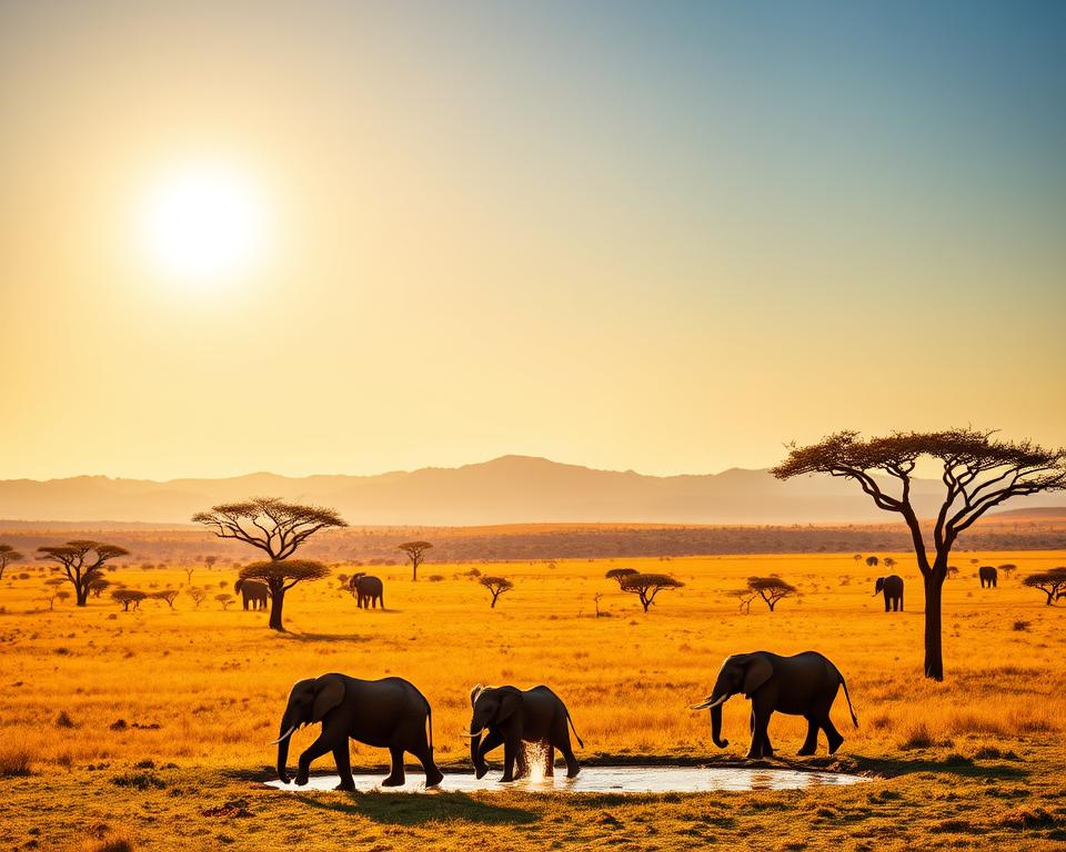 A vibrant and breathtaking landscape of Kenya during the best travel season, showcasing a safari scene in the foreground with a majestic elephant family gracefully walking near a sparkling waterhole. In the middle ground, a golden savannah dotted with acacia trees under a bright, clear blue sky. In the background, the distant hills bask in the warm glow of the setting sun, casting soft shadows on the grasslands. The atmosphere is serene and inviting, infused with the colors of a vibrant sunset. The lighting is warm and golden, reminiscent of the ideal moments for wildlife observation. This landscape captures the essence of adventure, exploration, and the diverse beauty of Kenya's nature.