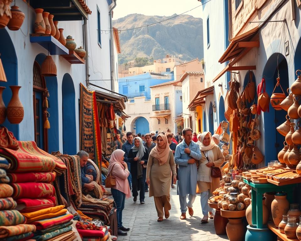 A vibrant and bustling market scene in the heart of Chefchaouen, Morocco, showcasing charming blue and white buildings adorned with colorful textiles and handcrafted pottery. In the foreground, a local artisan displays intricately woven rugs and colorful souvenirs, engaging with enthusiastic shoppers dressed in modest, casual clothing. The middle ground features more stalls with spices, leather goods, and hand-painted ceramics, while the background reveals the iconic blue-hued mountains framing the market. The scene is warmly illuminated by soft, golden sunlight, creating a welcoming and lively atmosphere. A slight angle from a low viewpoint captures the depth of the market and the enchanting architecture, inviting viewers into this unique shopping experience.