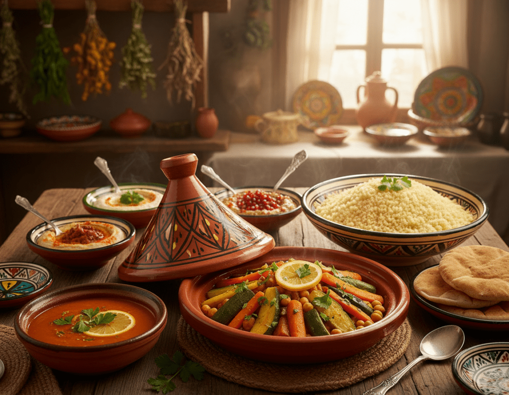 A vibrant and colorful depiction of North African cuisine, showcasing a beautifully arranged table laden with traditional dishes. In the foreground, a large, intricately patterned tagine filled with fragrant vegetables and spices, alongside bowls of couscous and harira soup. The middle ground features an assortment of dips like hummus and baba ghanoush, garnished with fresh herbs and served with warm pita bread. In the background, a softly lit kitchen scene with hanging spices, ceramic pots, and herbs, enhancing the cultural ambiance. The lighting is warm and inviting, creating a cozy atmosphere, with a slight focus on the dishes to highlight their textures and colors. The mood is celebratory and welcoming, inviting the viewer to explore the rich flavors of North African cooking. A vibrant and colorful depiction of North African cuisine, showcasing a beautifully arranged table laden with traditional dishes. In the foreground, a large, intricately patterned tagine filled with fragrant vegetables and spices, alongside bowls of couscous and harira soup. The middle ground features an assortment of dips like hummus and baba ghanoush, garnished with fresh herbs and served with warm pita bread. In the background, a softly lit kitchen scene with hanging spices, ceramic pots, and herbs, enhancing the cultural ambiance. The lighting is warm and inviting, creating a cozy atmosphere, with a slight focus on the dishes to highlight their textures and colors. The mood is celebratory and welcoming, inviting the viewer to explore the rich flavors of North African cooking.