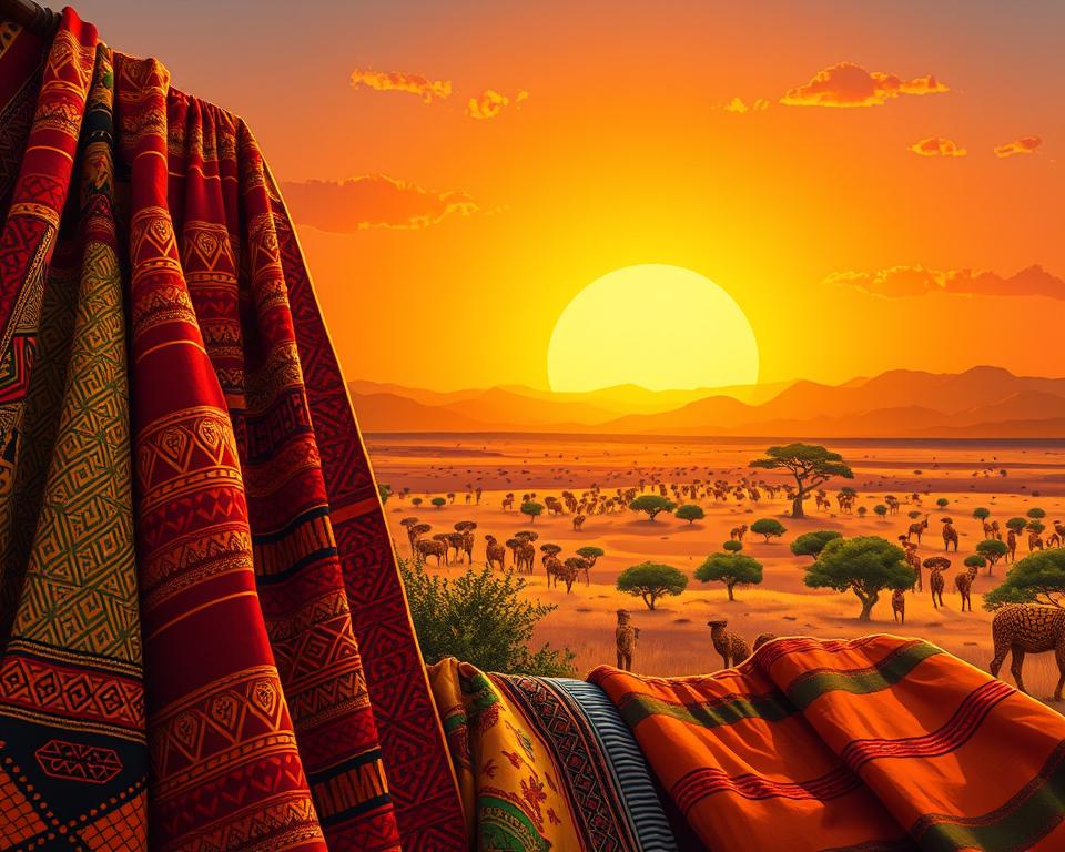 A vibrant and colorful illustration of seasonal patterns in Africa. In the foreground, depict an array of traditional African fabrics, showcasing intricate patterns in rich colors like deep reds, bright yellows, and earthy greens. The middle ground features a picturesque landscape of an African savanna, complete with acacia trees and distant mountains under a golden sunset sky. The background showcases a dramatic skyline with a few scattered clouds illuminated by the warm light. Capture the mood of adventure and exploration, evoking a sense of appreciation for the diverse cultures and natural beauty of Africa. Use soft, natural lighting to enhance the warm tones, and create a slightly elevated angle to provide depth and perspective. Avoid any text or human figures, focusing solely on the landscape and fabric patterns.