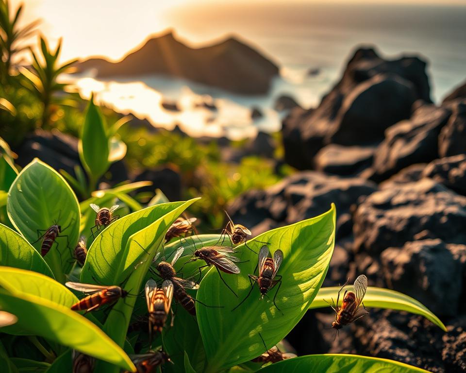 A vibrant and detailed close-up of the Cape Verde environment, highlighting various mosquito species in their natural habitat. In the foreground, depict a cluster of mosquitoes resting on lush green leaves, showcasing detailed textures of their bodies and wings. In the middle ground, illustrate the typical vegetation found in Cape Verde, such as tropical plants and dark volcanic rocks. The background should showcase a serene landscape of rugged coastlines with the ocean shimmering under the warm, golden sunlight. Use soft, diffused lighting to create a warm, inviting atmosphere, capturing the essence of the climate that influences mosquito populations. Include a shallow depth of field to emphasize the mosquitoes and ensure a clear focus on them against the beautiful landscape. A vibrant and detailed close-up of the Cape Verde environment, highlighting various mosquito species in their natural habitat. In the foreground, depict a cluster of mosquitoes resting on lush green leaves, showcasing detailed textures of their bodies and wings. In the middle ground, illustrate the typical vegetation found in Cape Verde, such as tropical plants and dark volcanic rocks. The background should showcase a serene landscape of rugged coastlines with the ocean shimmering under the warm, golden sunlight. Use soft, diffused lighting to create a warm, inviting atmosphere, capturing the essence of the climate that influences mosquito populations. Include a shallow depth of field to emphasize the mosquitoes and ensure a clear focus on them against the beautiful landscape.