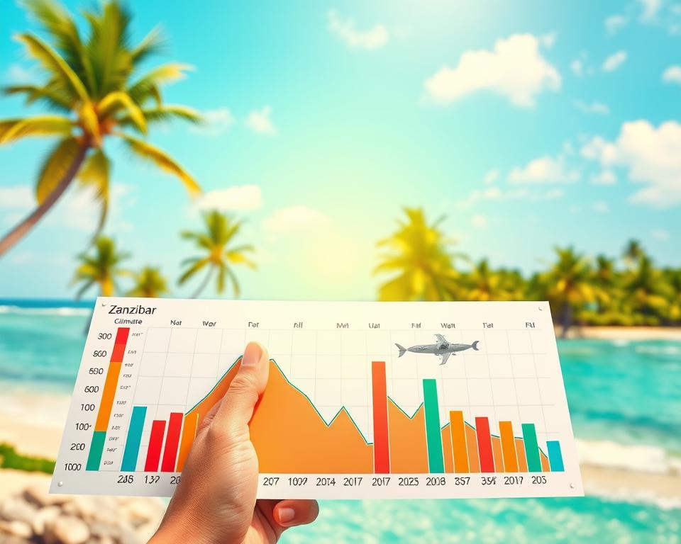 A vibrant and detailed illustration showcasing a climate chart specifically for Zanzibar. In the foreground, a hands-on graphical representation of weather statistics, featuring temperature ranges, rainfall, and humidity levels with colorful bar and line graphs. The middle layer includes a serene, tropical backdrop depicting Zanzibar's lush landscapes, including palm trees and beaches under a clear blue sky. In the background, the Indian Ocean glimmers with soft waves. The light is warm and inviting, suggesting a sunny day. The atmosphere conveys a sense of exploration and discovery, ideal for travelers. The image should have a realistic, detailed style, using a wide-angle lens perspective to encompass both the chart and the beautiful surroundings harmoniously. A vibrant and detailed illustration showcasing a climate chart specifically for Zanzibar. In the foreground, a hands-on graphical representation of weather statistics, featuring temperature ranges, rainfall, and humidity levels with colorful bar and line graphs. The middle layer includes a serene, tropical backdrop depicting Zanzibar's lush landscapes, including palm trees and beaches under a clear blue sky. In the background, the Indian Ocean glimmers with soft waves. The light is warm and inviting, suggesting a sunny day. The atmosphere conveys a sense of exploration and discovery, ideal for travelers. The image should have a realistic, detailed style, using a wide-angle lens perspective to encompass both the chart and the beautiful surroundings harmoniously.