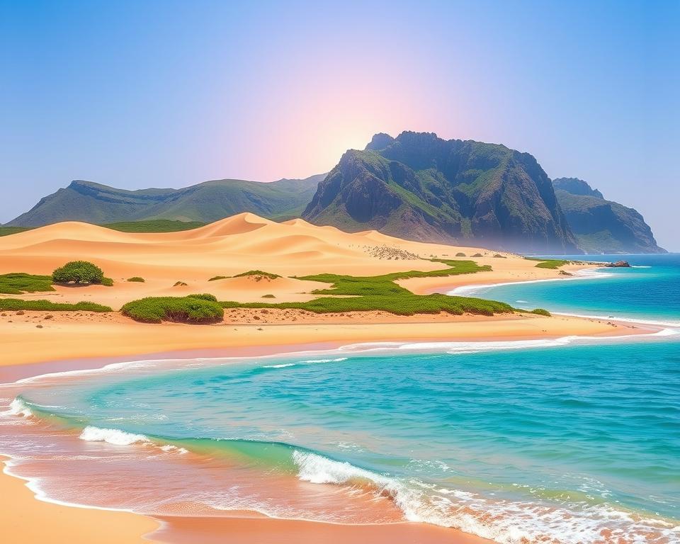 A vibrant and detailed landscape showcasing the varying climates of Sal, Boa Vista, Santiago, and São Vicente in Cabo Verde. In the foreground, depict a sandy beach of Sal with clear turquoise waters and gentle waves lapping at the shore, under a bright blue sky. The middle layer features Boa Vista's rolling dunes juxtaposed with lush green patches typical of Santiago, emphasizing their climatic contrast. In the background, illustrate the rocky cliffs of São Vicente with a hazy sunset casting warm hues across the scene. The image should evoke a serene and inviting mood, with soft, natural lighting highlighting the diverse environments. Capture this scene with a wide-angle lens to encompass all four islands harmoniously, ensuring clarity and depth.