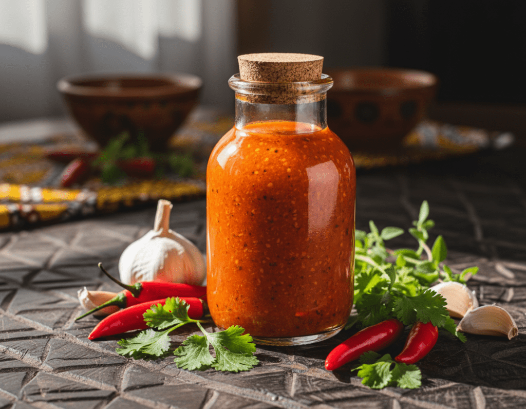 A vibrant and detailed scene of Peri Peri sauce, prominently displayed in a stylish glass jar with a rustic cork lid. The sauce is richly textured, showcasing its bright orange-red color with flecks of spices visible. Surrounding the jar, an array of fresh ingredients that reflect traditional African cooking: whole red chilies, garlic cloves, and sprigs of fresh herbs, creating an inviting yet spicy atmosphere. In the background, an African-inspired wooden table adds warmth to the scene, softly lit with natural sunlight filtering through a nearby window, casting gentle shadows. The focus is on the jar of sauce while the ingredients and background provide context and ambiance, enticing viewers into the world of traditional sauces and dips. A vibrant and detailed scene of Peri Peri sauce, prominently displayed in a stylish glass jar with a rustic cork lid. The sauce is richly textured, showcasing its bright orange-red color with flecks of spices visible. Surrounding the jar, an array of fresh ingredients that reflect traditional African cooking: whole red chilies, garlic cloves, and sprigs of fresh herbs, creating an inviting yet spicy atmosphere. In the background, an African-inspired wooden table adds warmth to the scene, softly lit with natural sunlight filtering through a nearby window, casting gentle shadows. The focus is on the jar of sauce while the ingredients and background provide context and ambiance, enticing viewers into the world of traditional sauces and dips.