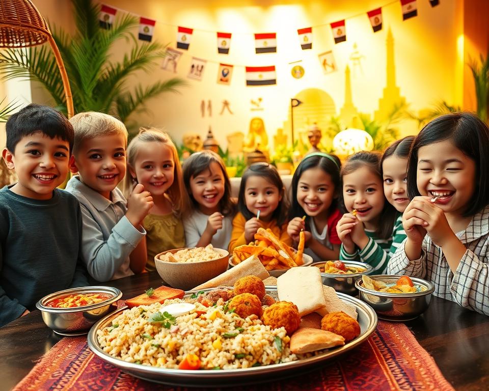 A vibrant and engaging setting showcasing a variety of Egyptian dishes appealing to children. In the foreground, a colorful platter filled with traditional foods like koshari, falafel, and fresh pita bread is placed on a table. Playful, diverse children of various ethnic backgrounds are happily tasting the food, smiling and laughing; they are casually dressed in comfortable, modest clothing. In the middle ground, there’s a decorated table adorned with small flags and hieroglyphs, enhancing the Egyptian theme. The background features a warm, inviting atmosphere with soft golden lighting, reminiscent of a sunny day in Egypt, along with lush greenery and hints of ancient Egyptian architecture. The overall mood is joyful and festive, celebrating culinary discovery in a family-friendly setting.