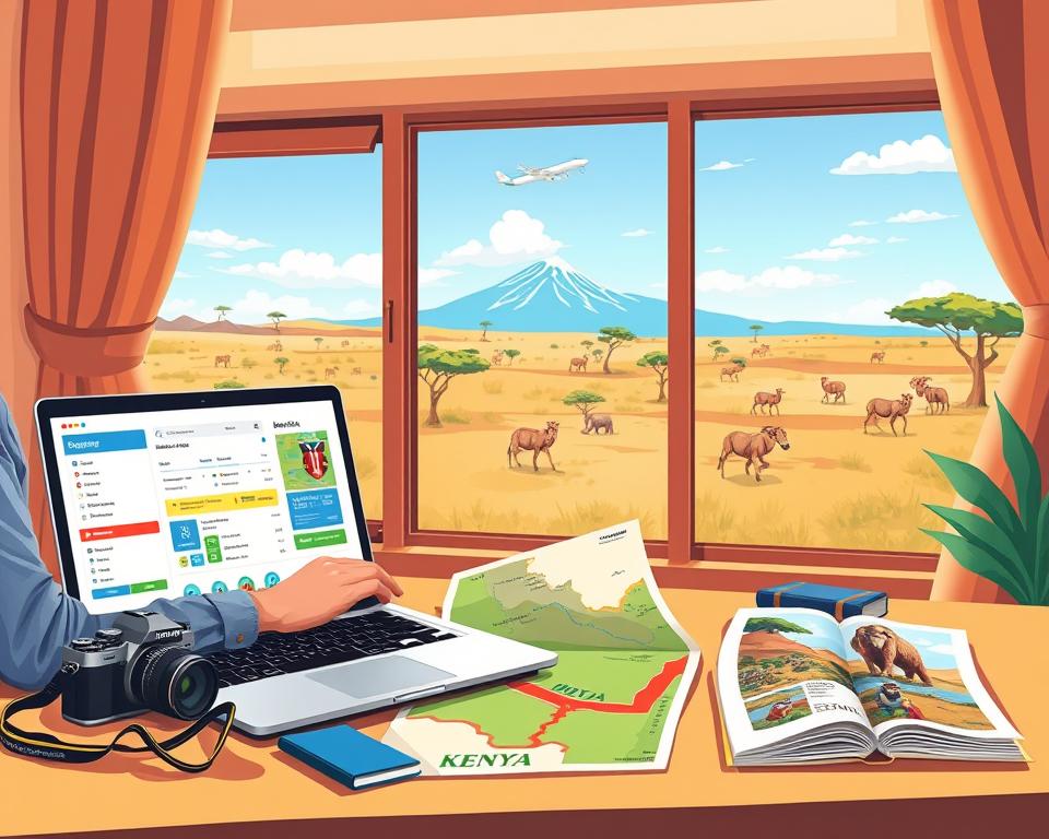 A vibrant and engaging travel illustration depicting a professional German traveler planning a trip to Kenya. In the foreground, show a neatly organized travel desk with a laptop displaying a flight booking page, a colorful map of Kenya, and travel guides. The middle ground can include travel essentials like a camera, a passport, and a guidebook about Kenyan attractions. In the background, illustrate a window view showcasing iconic Kenyan landscapes such as Mount Kilimanjaro under a bright blue sky and savannah dotted with acacia trees. Use warm, inviting lighting to convey a sense of adventure and excitement, capturing a mood that invokes wanderlust and meticulous planning. The scene should be well-composed at a slight angle to provide depth and perspective.