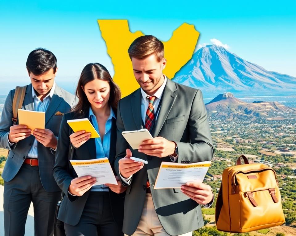 A vibrant and informative composition illustrating the theme of yellow fever vaccinations and travel regulations for South Africa. In the foreground, a diverse group of travelers in professional attire are shown examining vaccination cards and yellow fever certificates, their expressions reflecting seriousness and determination. The middle ground features a stylized map of South Africa with highlighted travel routes and symbols representing health regulations, such as vaccination icons. In the background, a picturesque landscape of South Africa is depicted, including the iconic Table Mountain under clear blue skies, symbolizing the beauty of the destination. Soft, natural lighting enhances the scene’s warmth and optimism, creating a mood of preparedness and safety. The image is captured from a slightly elevated angle, providing a comprehensive view of the travelers engaging with health documentation against the backdrop of the stunning South African landscape.