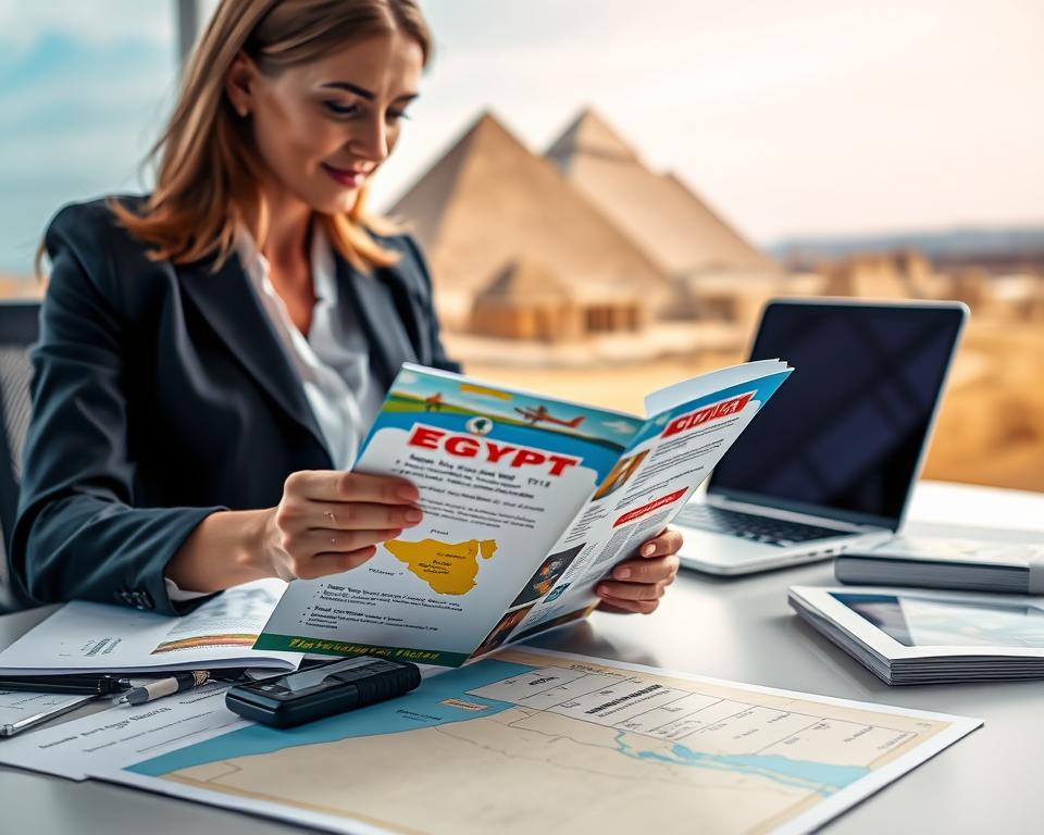 A vibrant and informative scene depicting official travel information about Egypt, focusing on the latest updates regarding prohibited medications. In the foreground, a professional, well-dressed businesswoman is examining a colorful travel brochure featuring key information, with a backdrop of pyramids subtly blurred. The middle ground includes a neatly organized desk with a laptop, map of Egypt, and various travel documents spread out, symbolizing thorough research. The background captures a warm, sunny Egyptian landscape with a clear blue sky. Soft, ambient lighting highlights the scene, creating a welcoming and informative mood. The angle is slightly above eye level, offering a comprehensive view of the elements that suggest reliability and professionalism.