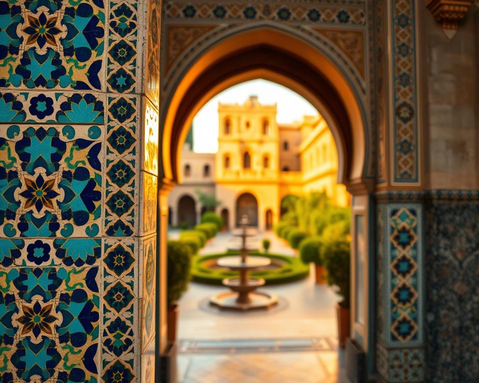 A vibrant and intricate Moroccan mosaic, showcasing the rich patterns and colors typical of traditional art from the royal cities of Morocco. In the foreground, focus on a close-up of an elaborately designed tile featuring geometric patterns in shades of deep blue, turquoise, gold, and white. In the middle background, include an ornate archway adorned with additional mosaic tiles, leading to a glimpse of an elegant courtyard with lush greenery and fountains. The background should portray a historic building with stunning architectural details, softly illuminated by warm, golden sunlight during the golden hour. Capture the essence of Moroccan culture and artistry, while evoking a sense of history and tranquility, inviting viewers to admire the stunning craftsmanship of these architectural treasures. A vibrant and intricate Moroccan mosaic, showcasing the rich patterns and colors typical of traditional art from the royal cities of Morocco. In the foreground, focus on a close-up of an elaborately designed tile featuring geometric patterns in shades of deep blue, turquoise, gold, and white. In the middle background, include an ornate archway adorned with additional mosaic tiles, leading to a glimpse of an elegant courtyard with lush greenery and fountains. The background should portray a historic building with stunning architectural details, softly illuminated by warm, golden sunlight during the golden hour. Capture the essence of Moroccan culture and artistry, while evoking a sense of history and tranquility, inviting viewers to admire the stunning craftsmanship of these architectural treasures.