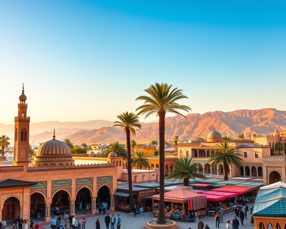 A vibrant and picturesque scene showcasing the royal cities of Morocco, featuring an intricately designed mosque with majestic minarets in the foreground, surrounded by bustling markets filled with colorful textiles and traditional handicrafts. In the middle ground, a harmonious blend of tall palm trees and historic architecture, with intricate mosaics and warm earthen tones capturing the essence of Moroccan culture. The background reveals sun-kissed mountains under a clear blue sky, enhancing the sense of adventure. Soft golden lighting bathes the scene, casting gentle shadows and creating a warm, inviting atmosphere. The composition should evoke a sense of discovery and excitement, perfect for travelers seeking practical tips on visiting these enchanting cities. A vibrant and picturesque scene showcasing the royal cities of Morocco, featuring an intricately designed mosque with majestic minarets in the foreground, surrounded by bustling markets filled with colorful textiles and traditional handicrafts. In the middle ground, a harmonious blend of tall palm trees and historic architecture, with intricate mosaics and warm earthen tones capturing the essence of Moroccan culture. The background reveals sun-kissed mountains under a clear blue sky, enhancing the sense of adventure. Soft golden lighting bathes the scene, casting gentle shadows and creating a warm, inviting atmosphere. The composition should evoke a sense of discovery and excitement, perfect for travelers seeking practical tips on visiting these enchanting cities.