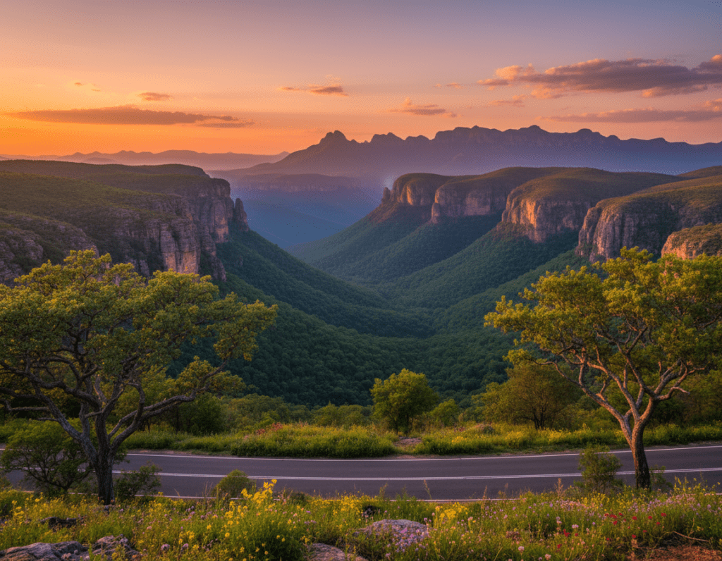A vibrant and scenic view of the Panorama Route in South Africa during the golden hour, capturing the breathtaking landscapes of lush green hills and dramatic cliffs. In the foreground, a winding road lined with indigenous trees invites travelers, while in the middle ground, a series of colorful wildflowers bloom, adding depth and life. The background features majestic mountains silhouetted against a warm, orange-pink sky. Soft sunlight filters through scattered clouds, creating a serene and inviting atmosphere. The image conveys a sense of adventure and tranquility, ideal for illustrating the duration of a journey through this stunning region. The composition emphasizes the beauty of nature and encourages exploration without any human subjects.