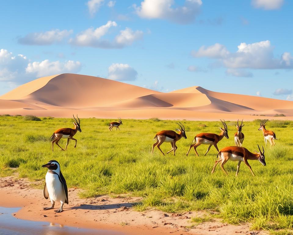 A vibrant and serene scene from De Hoop Nature Reserve, showcasing diverse wildlife. In the foreground, a curious African penguin waddles near the sandy shore, while a group of bontebok grazes in the lush green grass nearby. The middle ground features several springboks in a playful stance, their elegant forms and leaping motion captured in detail. In the background, the striking coastal sand dunes rise against a clear blue sky with soft, fluffy clouds, creating a peaceful and inviting atmosphere. The scene is bathed in warm, golden sunlight, enhancing the natural colors and textures of the landscape. Use a wide-angle lens to capture the expansive view, emphasizing the tranquility and richness of wildlife present in this beautiful reserve.