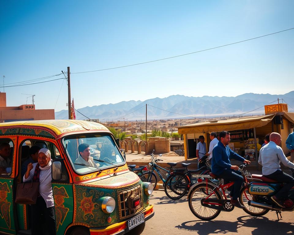 A vibrant, bustling Moroccan transport scene showcasing a mix of traditional and modern transportation methods in a lively street. In the foreground, a colorful, ornate taxi with intricate designs, surrounded by people in modest casual clothing, engaging with local street vendors. In the middle ground, a row of bicycles and motorbikes parked by a market stall, emitting a sense of everyday life. In the background, a rugged landscape with the Atlas Mountains under a bright blue sky, hinting at adventure. The lighting is warm and natural, reminiscent of a sunny afternoon, casting soft shadows to enhance the atmosphere of vitality and cultural richness. Capture this scene with a slightly elevated angle to encompass both the transport methods and the vibrant local life.
