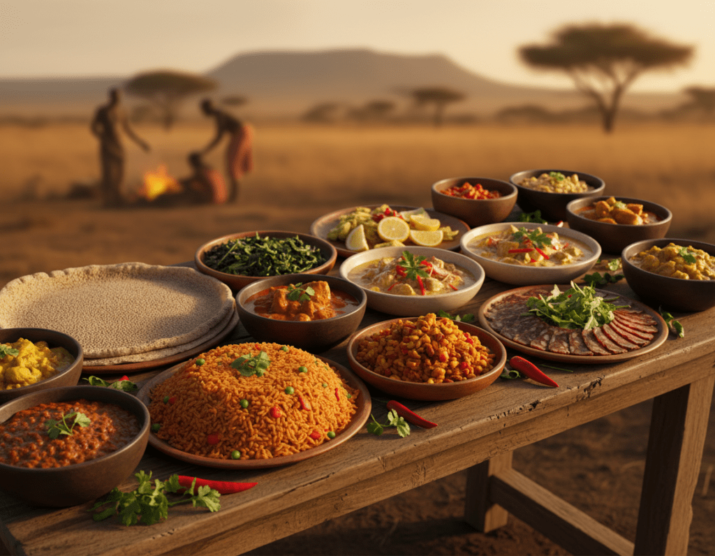 A vibrant, colorful scene showcasing a variety of traditional African dishes spread across a large, rustic wooden table. In the foreground, platters filled with Jollof rice, injera with spicy stews, and zesty coconut curry present a rich tapestry of textures and colors. In the middle ground, a beautifully decorated dish of biltong and a bowl of spicy chakalaka add depth, while fresh vegetables and aromatic herbs enhance the composition. The background features soft blurred silhouettes of African landscapes, hinting at the continent's rich culture. Warm, natural lighting bathes the scene, evoking a welcoming atmosphere. The image is taken from a slight overhead angle, providing a comprehensive view of the culinary delights, creating an inviting mood of discovery and celebration of African cuisine. A vibrant, colorful scene showcasing a variety of traditional African dishes spread across a large, rustic wooden table. In the foreground, platters filled with Jollof rice, injera with spicy stews, and zesty coconut curry present a rich tapestry of textures and colors. In the middle ground, a beautifully decorated dish of biltong and a bowl of spicy chakalaka add depth, while fresh vegetables and aromatic herbs enhance the composition. The background features soft blurred silhouettes of African landscapes, hinting at the continent's rich culture. Warm, natural lighting bathes the scene, evoking a welcoming atmosphere. The image is taken from a slight overhead angle, providing a comprehensive view of the culinary delights, creating an inviting mood of discovery and celebration of African cuisine.