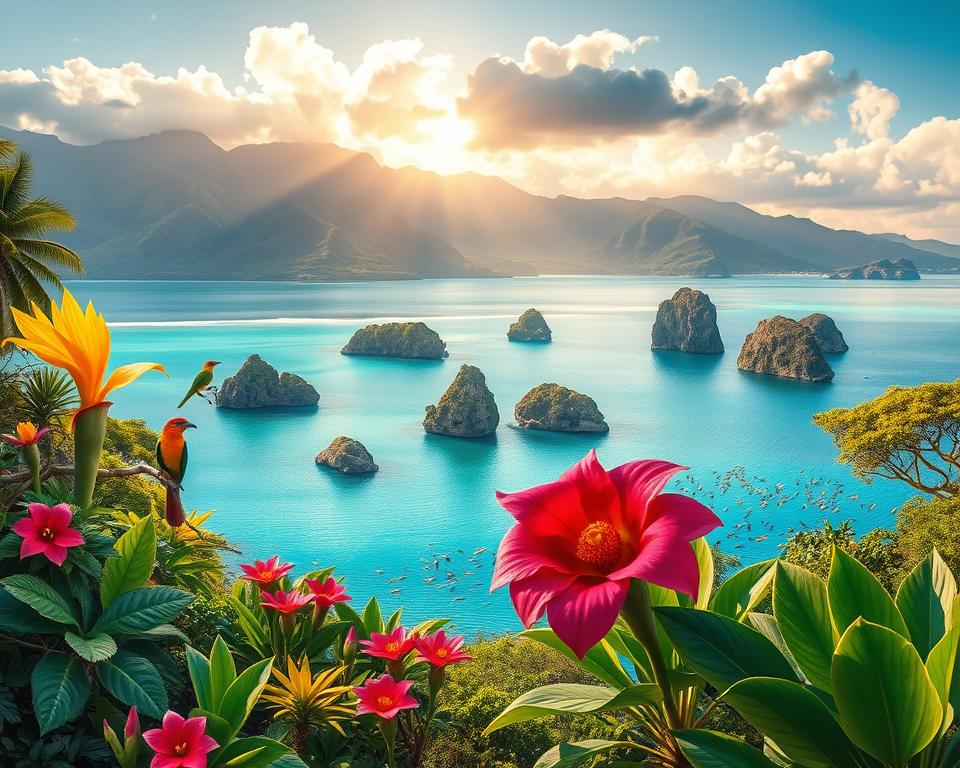 A vibrant depiction of endemic species from the African islands, showcasing unique flora and fauna. In the foreground, a lush rainforest features striking plants like the giant lobelia and bright fuchsia flowers, accompanied by endemic birds with vivid plumage perched on branches. The middle ground displays a tranquil lagoon with distinctive island rock formations, teeming with colorful fish visible beneath the crystal-clear water. In the background, majestic mountains rise, softly illuminated by golden sunlight filtering through the clouds. The atmosphere is serene yet lively, capturing the essence of these untouched landscapes. Use a soft focus lens to create a dreamy quality and an inviting warmth to envelop the scene, emphasizing the magical wonders of nature. A vibrant depiction of endemic species from the African islands, showcasing unique flora and fauna. In the foreground, a lush rainforest features striking plants like the giant lobelia and bright fuchsia flowers, accompanied by endemic birds with vivid plumage perched on branches. The middle ground displays a tranquil lagoon with distinctive island rock formations, teeming with colorful fish visible beneath the crystal-clear water. In the background, majestic mountains rise, softly illuminated by golden sunlight filtering through the clouds. The atmosphere is serene yet lively, capturing the essence of these untouched landscapes. Use a soft focus lens to create a dreamy quality and an inviting warmth to envelop the scene, emphasizing the magical wonders of nature.