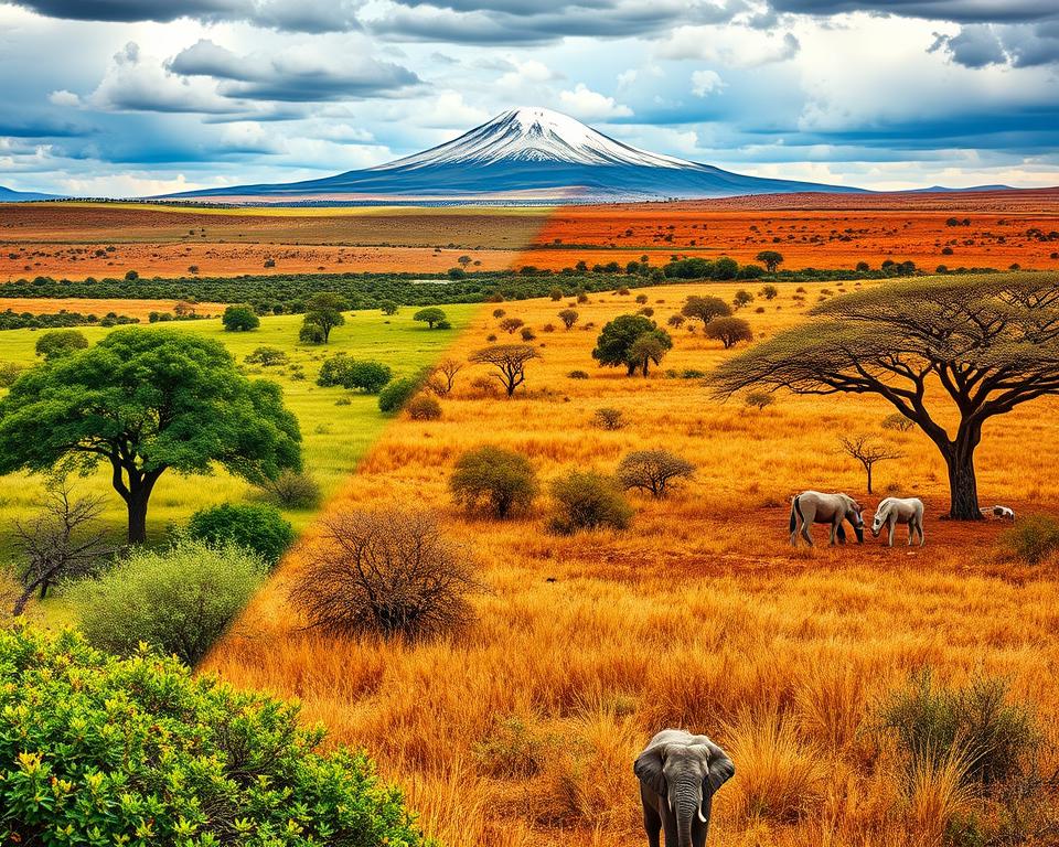 A vibrant depiction of the four seasons in Africa, showcasing lush, green landscapes of spring in the foreground, golden savannahs of summer in the middle, earthy tones of autumn with acacia trees in the background, and a serene, snowy mountaintop representing winter subtly in the distant horizon. The moods transition from bright and cheerful in spring, warm and vivid in summer, cozy and tranquil in autumn, to a peaceful winter scene, all under a dramatic sky that reflects these seasonal changes. Capture this environment using soft, natural lighting to enhance the earthy colors. A wide-angle perspective will emphasize the vastness and beauty of these diverse landscapes, inspiring a sense of adventure and appreciation for African nature throughout the seasons.