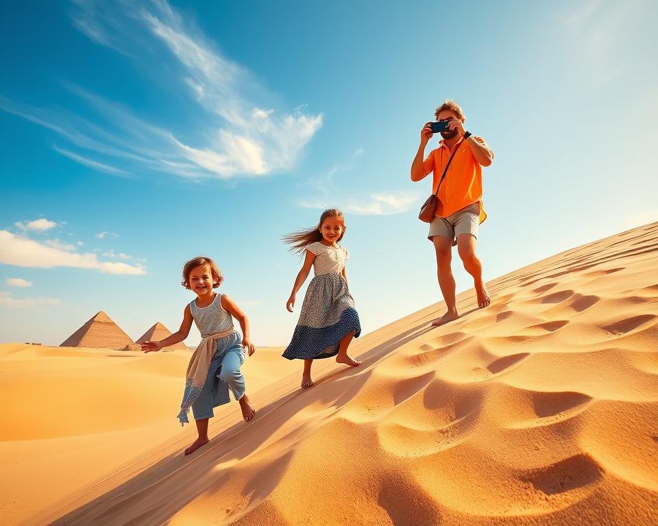 A vibrant desert adventure scene in Egypt, capturing a joyful family exploring the sandy landscape. In the foreground, two children, dressed in lightweight, modest clothing, playfully climb a sand dune, smiling and laughing. The middle ground features the parents, casually dressed in breathable, sun-protective attire, taking pictures of ancient pyramids in the distance. The background showcases the vast, golden-colored sand dunes under a brilliant blue sky, with a few wispy clouds scattered. Warm golden lighting casts gentle shadows, highlighting the texture of the sand. The atmosphere is lively and adventurous, evoking joy and discovery, perfect for a memorable family vacation under the enchanting Egyptian sun.