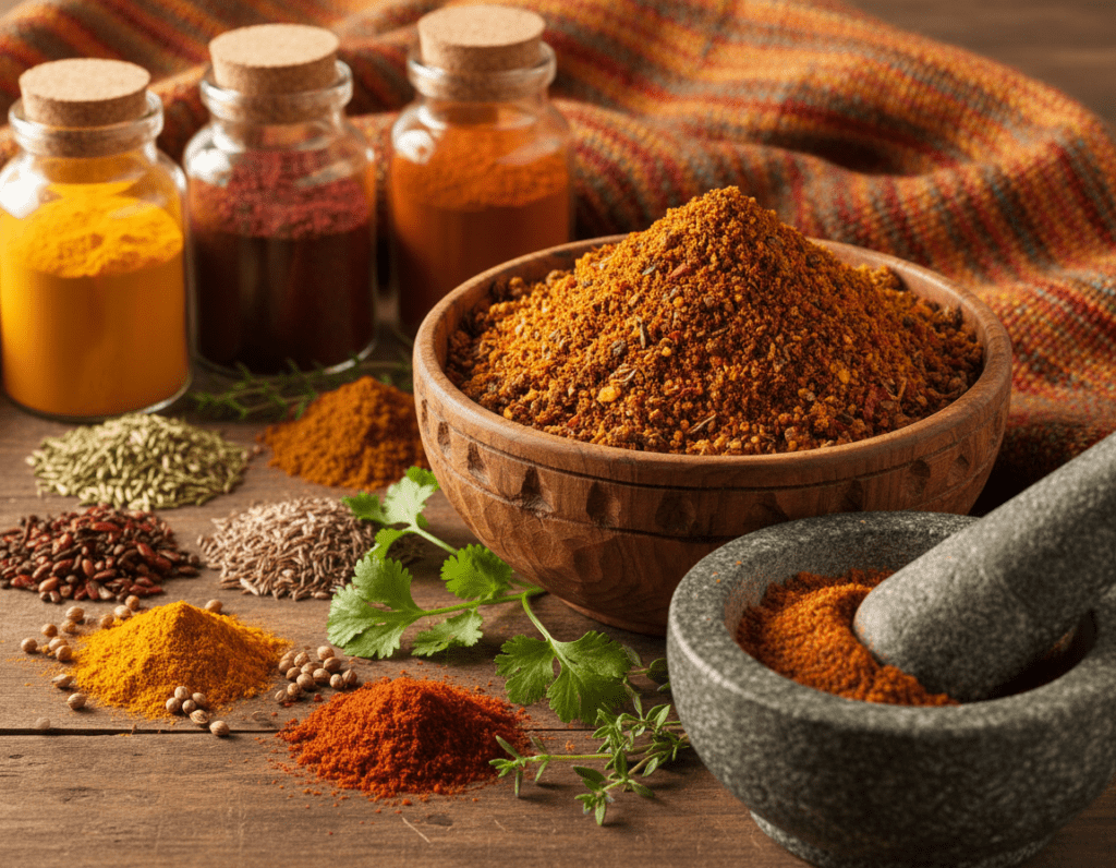 A vibrant display of African spice blends in a rustic wooden bowl, surrounded by an array of colorful whole spices such as coriander seeds, cumin, and paprika, with a few fresh herbs like cilantro and thyme. In the foreground, a mortar and pestle, partially filled with ground spice mix, adds a sense of authenticity. The middle layer features an assortment of glass jars filled with various spice powders, each reflecting their rich colors. In the background, a textured, warm-toned fabric serves to contrast the spices, creating an inviting atmosphere. The lighting is soft and warm, reminiscent of late afternoon sunlight, evoking a cozy, inviting culinary space. The camera angle is slightly overhead, providing a clear view of the spices, enhancing the sense of richness and abundance in the scene. A vibrant display of African spice blends in a rustic wooden bowl, surrounded by an array of colorful whole spices such as coriander seeds, cumin, and paprika, with a few fresh herbs like cilantro and thyme. In the foreground, a mortar and pestle, partially filled with ground spice mix, adds a sense of authenticity. The middle layer features an assortment of glass jars filled with various spice powders, each reflecting their rich colors. In the background, a textured, warm-toned fabric serves to contrast the spices, creating an inviting atmosphere. The lighting is soft and warm, reminiscent of late afternoon sunlight, evoking a cozy, inviting culinary space. The camera angle is slightly overhead, providing a clear view of the spices, enhancing the sense of richness and abundance in the scene.
