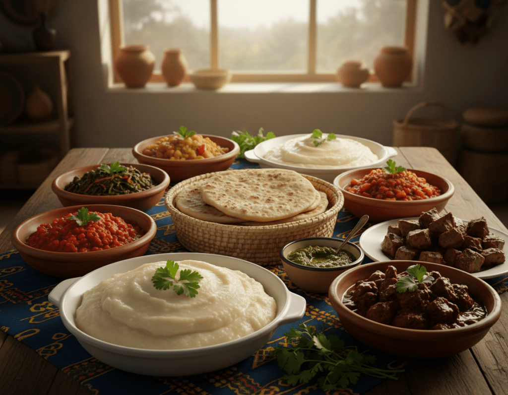 A vibrant display of East African cuisine, featuring a beautifully arranged table filled with authentic dishes. In the foreground, a large serving platter of ugali, surrounded by colorful vegetable stews, spiced meat dishes, and a side of fresh, fragrant herbs. In the middle, a decorative bowl of kisra (sourdough flatbread) and a small dish of zhoug (spicy sauce) add texture and contrast. The background features soft, natural lighting filtering through a window, creating a warm and inviting atmosphere. A rustic wooden table enhances the homey feel, while traditional East African textiles provide a touch of cultural richness. The angle is slightly above the table, capturing the abundance and variety of the meal, evoking a sense of celebration and communal dining. A vibrant display of East African cuisine, featuring a beautifully arranged table filled with authentic dishes. In the foreground, a large serving platter of ugali, surrounded by colorful vegetable stews, spiced meat dishes, and a side of fresh, fragrant herbs. In the middle, a decorative bowl of kisra (sourdough flatbread) and a small dish of zhoug (spicy sauce) add texture and contrast. The background features soft, natural lighting filtering through a window, creating a warm and inviting atmosphere. A rustic wooden table enhances the homey feel, while traditional East African textiles provide a touch of cultural richness. The angle is slightly above the table, capturing the abundance and variety of the meal, evoking a sense of celebration and communal dining.