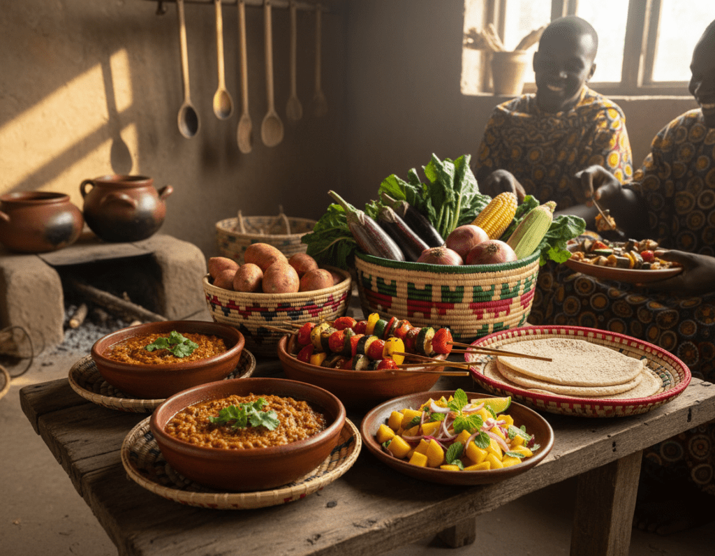 A vibrant display of traditional African vegetarian cuisine, featuring a colorful spread of dishes. In the foreground, a beautifully arranged table showcases a variety of plant-based meals, including spicy lentil stew, roasted vegetable skewers, and a fresh mango salad, all garnished with herbs. In the middle ground, handwoven baskets hold fresh vegetables like carrots, sweet potatoes, and leafy greens, emphasizing the use of local ingredients. The background features a rustic kitchen with clay pots and wooden utensils, bathed in warm, natural lighting that creates a welcoming atmosphere. The scene captures the essence of communal dining, evoking a sense of warmth and cultural richness, with a focus on healthy, vibrant, and accessible vegan options from African culinary traditions. A vibrant display of traditional African vegetarian cuisine, featuring a colorful spread of dishes. In the foreground, a beautifully arranged table showcases a variety of plant-based meals, including spicy lentil stew, roasted vegetable skewers, and a fresh mango salad, all garnished with herbs. In the middle ground, handwoven baskets hold fresh vegetables like carrots, sweet potatoes, and leafy greens, emphasizing the use of local ingredients. The background features a rustic kitchen with clay pots and wooden utensils, bathed in warm, natural lighting that creates a welcoming atmosphere. The scene captures the essence of communal dining, evoking a sense of warmth and cultural richness, with a focus on healthy, vibrant, and accessible vegan options from African culinary traditions.