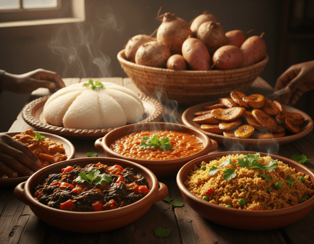 A vibrant display of various African side dishes artfully arranged on a rustic wooden table. In the foreground, a colorful assortment of stewed vegetables, spicy lentils, and fragrant rice pilaf, garnished with fresh herbs. The middle layer features traditional staple foods like fluffy fufu and crispy fried plantains, elegantly presented on ceramic plates. In the background, a softly blurred texture of a woven basket filled with fresh produce, like yams and sweet potatoes, hints at the ingredients used. The lighting is warm and inviting, casting gentle shadows that enhance the rich colors of the dishes. The atmosphere is lively and festive, reflecting a sense of community and culture around shared meals, evoking the essence of African culinary traditions. A vibrant display of various African side dishes artfully arranged on a rustic wooden table. In the foreground, a colorful assortment of stewed vegetables, spicy lentils, and fragrant rice pilaf, garnished with fresh herbs. The middle layer features traditional staple foods like fluffy fufu and crispy fried plantains, elegantly presented on ceramic plates. In the background, a softly blurred texture of a woven basket filled with fresh produce, like yams and sweet potatoes, hints at the ingredients used. The lighting is warm and inviting, casting gentle shadows that enhance the rich colors of the dishes. The atmosphere is lively and festive, reflecting a sense of community and culture around shared meals, evoking the essence of African culinary traditions.