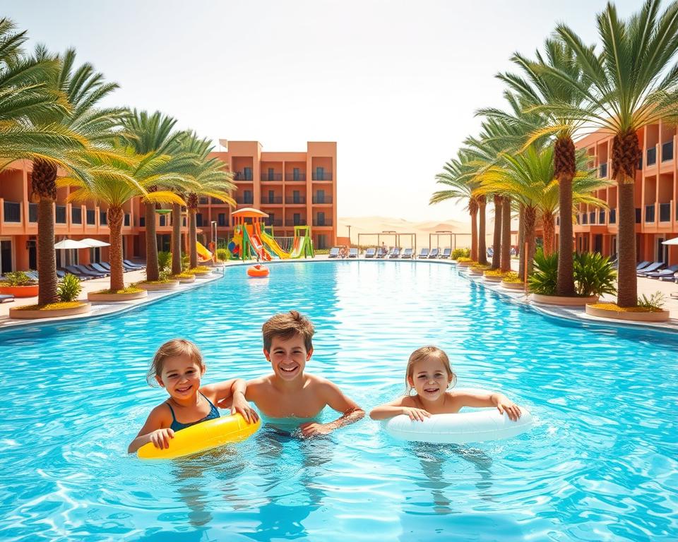 A vibrant family-friendly hotel scene in Egypt, portraying a sunny day with a spacious pool surrounded by lush palm trees. In the foreground, a joyful family with two children, dressed in casual summer clothing, plays together with inflatable pool toys. In the middle, the hotel building features traditional Egyptian architecture with inviting, colorful balconies. Children’s play areas with slides and swings are visible, enhancing the cheerful atmosphere. The background showcases the shimmering blue waters of the Red Sea, with sand dunes and clear skies in the distance. Soft sunlight creates a warm, welcoming ambiance, and the entire scene conveys a sense of adventure and relaxation perfect for families. No text or branding elements present.