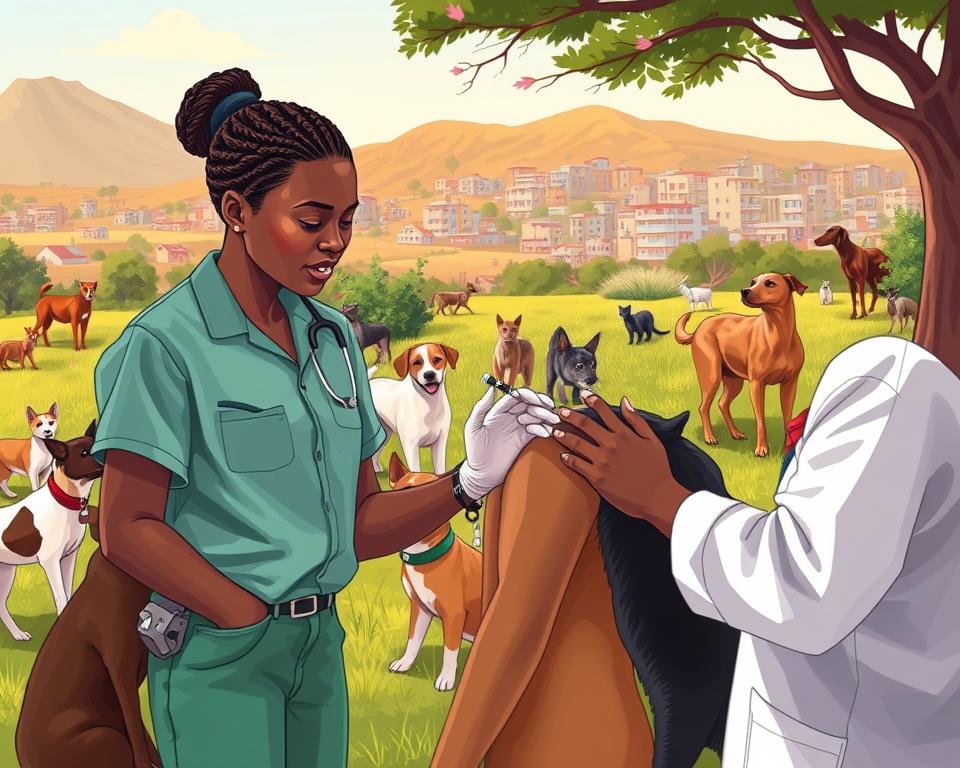 A vibrant illustration depicting the concept of rabies vaccination in South Africa. In the foreground, a health professional in modest casual clothing is administering a rabies vaccine to a patient, emphasizing the importance of vaccination. The middle ground features a diverse group of animals, such as dogs and cats, commonly associated with rabies, in a natural South African landscape with a hint of urban environment in the background. Soft, natural lighting highlights the scene, suggesting a warm, educational atmosphere. The angle is slightly elevated to capture the interaction between the health professional and the patient, while also showcasing the animals in the surroundings, conveying a message of safety and awareness about rabies.