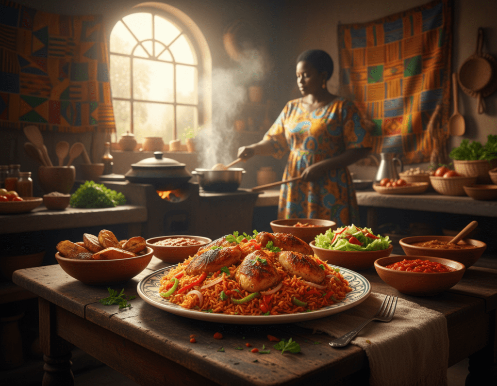 A vibrant, inviting scene showcasing a traditional West African kitchen with a beautifully plated dish of Jollof rice as the focal point. The Jollof rice is perfectly cooked, rich in color, adorned with bell peppers, onions, and succulent pieces of chicken, garnished with parsley. In the foreground, a rustic wooden table holds the dish alongside small bowls of traditional sauces and sides, like fried plantains and salad. The middle ground includes a glowing stove with steaming pots and traditional cooking utensils, creating a warm and homely atmosphere. The background features vibrant African fabrics hanging on the walls, and natural light streaming in through a window, casting a soft glow over the scene. The mood is festive and welcoming, inviting viewers to experience the flavors of West African cuisine. A vibrant, inviting scene showcasing a traditional West African kitchen with a beautifully plated dish of Jollof rice as the focal point. The Jollof rice is perfectly cooked, rich in color, adorned with bell peppers, onions, and succulent pieces of chicken, garnished with parsley. In the foreground, a rustic wooden table holds the dish alongside small bowls of traditional sauces and sides, like fried plantains and salad. The middle ground includes a glowing stove with steaming pots and traditional cooking utensils, creating a warm and homely atmosphere. The background features vibrant African fabrics hanging on the walls, and natural light streaming in through a window, casting a soft glow over the scene. The mood is festive and welcoming, inviting viewers to experience the flavors of West African cuisine.