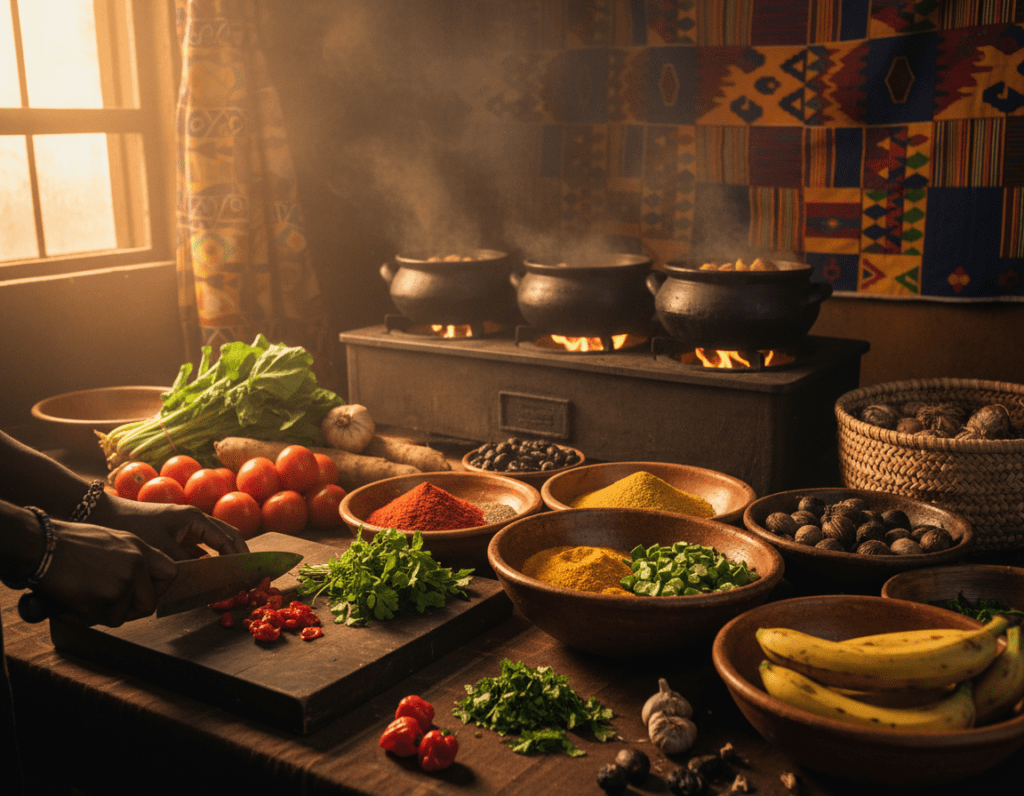 A vibrant kitchen scene showcasing a table filled with traditional African cooking ingredients, such as spices, vegetables, and grains. In the foreground, a pair of hands skillfully chopping spicy peppers and fragrant herbs, emphasizing the essence of African cuisine. The middle background features a rustic stove with pots simmering, releasing steam that fills the air with mouth-watering aromas. In the backdrop, colorful textiles adorn the walls, adding richness and cultural depth to the atmosphere. Soft, warm lighting bathes the entire scene, creating an inviting and homely feel. The mood is focused yet lively, portraying the enthusiasm and care that goes into preparing authentic African dishes while highlighting common mistakes to avoid in the cooking process. A vibrant kitchen scene showcasing a table filled with traditional African cooking ingredients, such as spices, vegetables, and grains. In the foreground, a pair of hands skillfully chopping spicy peppers and fragrant herbs, emphasizing the essence of African cuisine. The middle background features a rustic stove with pots simmering, releasing steam that fills the air with mouth-watering aromas. In the backdrop, colorful textiles adorn the walls, adding richness and cultural depth to the atmosphere. Soft, warm lighting bathes the entire scene, creating an inviting and homely feel. The mood is focused yet lively, portraying the enthusiasm and care that goes into preparing authentic African dishes while highlighting common mistakes to avoid in the cooking process.